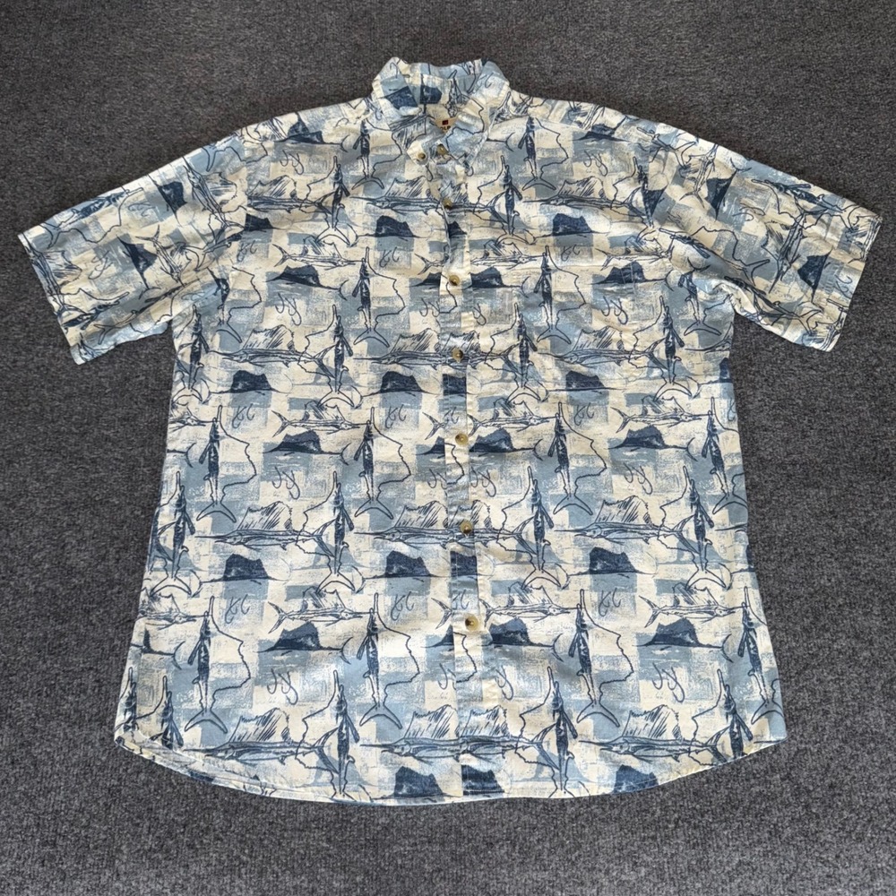 Woolrich Hawaiian Shirt Mens Large Blue Fish Print‎ Aloha Button Up Short Sleeve